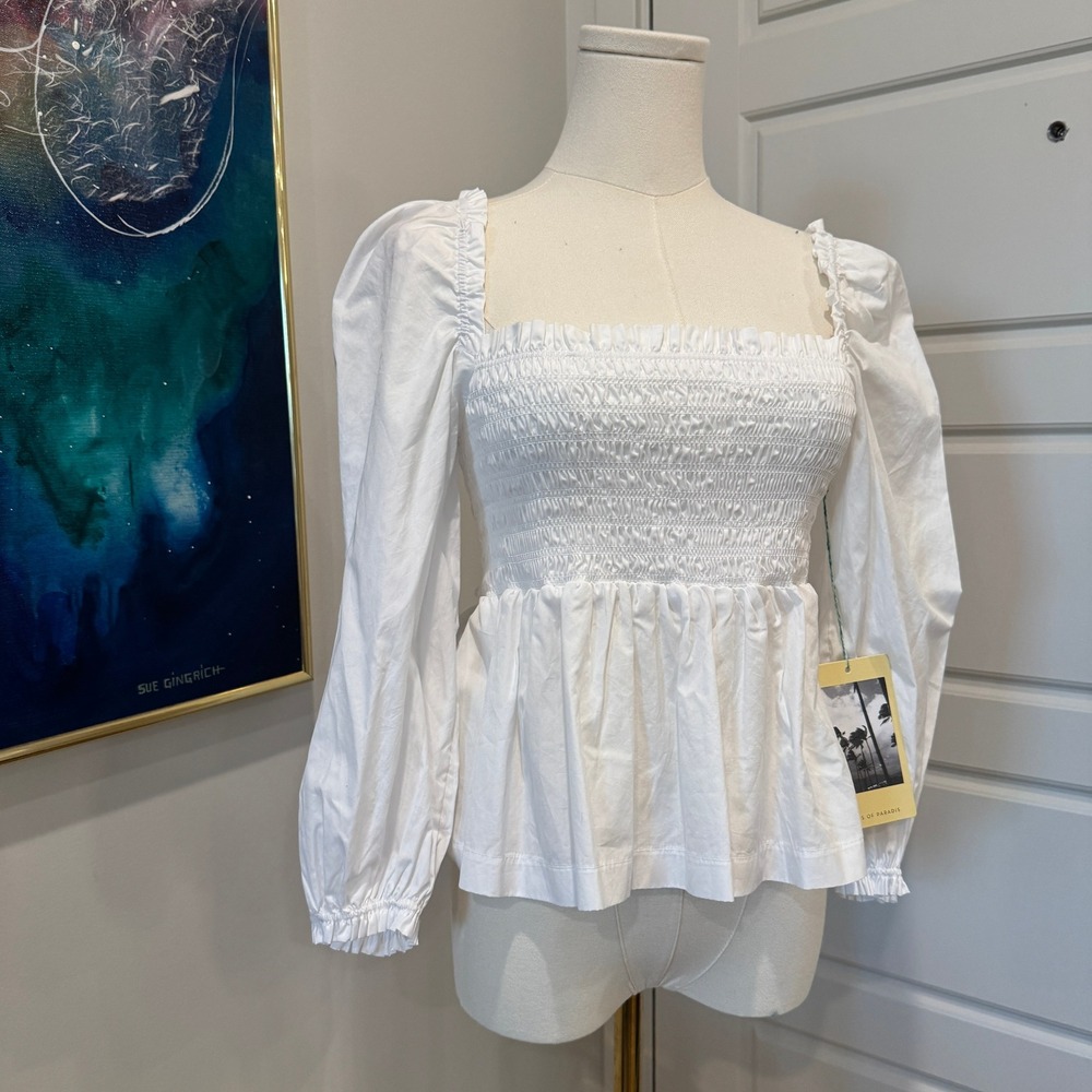Birds of Paradis by Trovata Alize Blouse White Smocked Puff Sleeve Top XS NEW - Picture 2 of 9